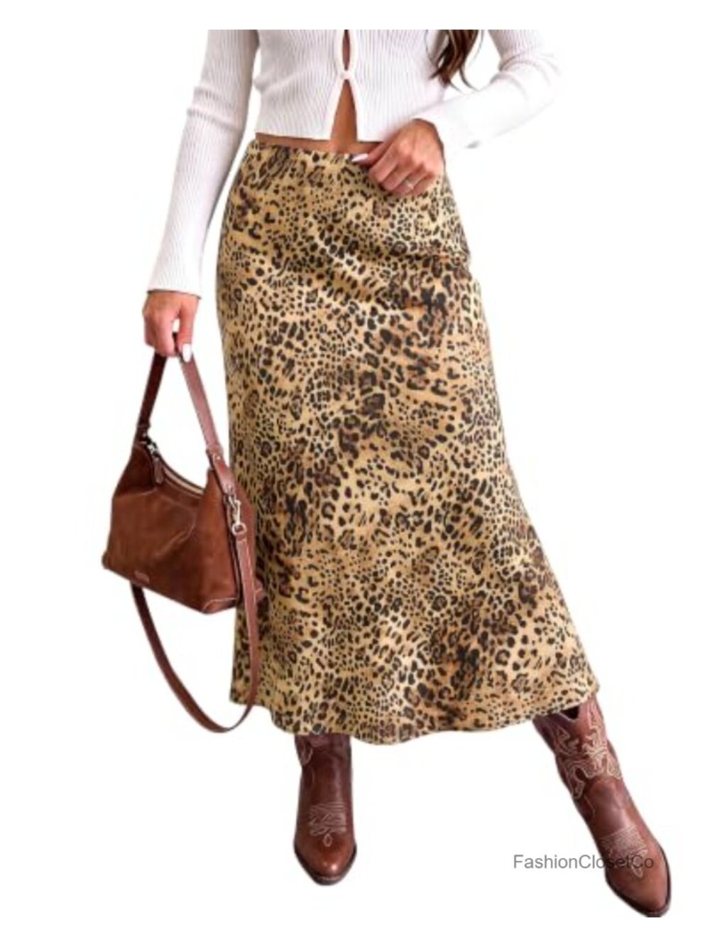 Satin Leopard Print Maxi Skirt Stretchy Elastic Waist Pull-On